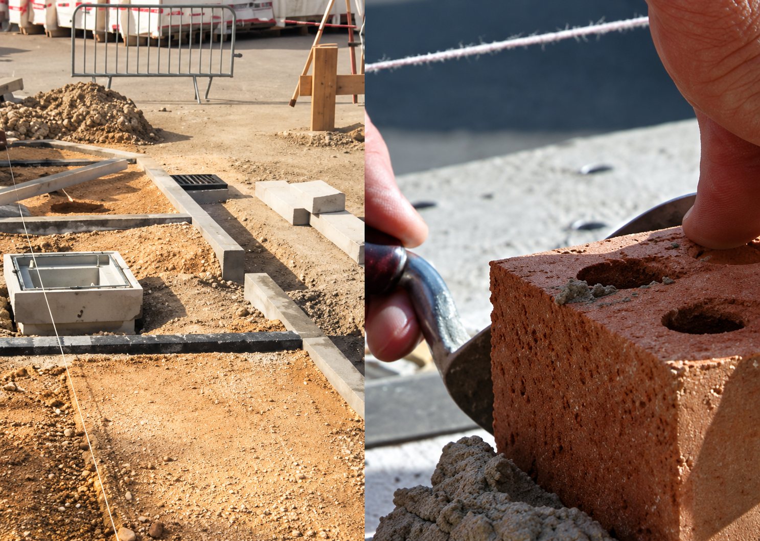 Deux vues d’un chantier : à gauche des fondations et tranchées en terre, à droite un maçon posant une brique rouge avec une truelle.