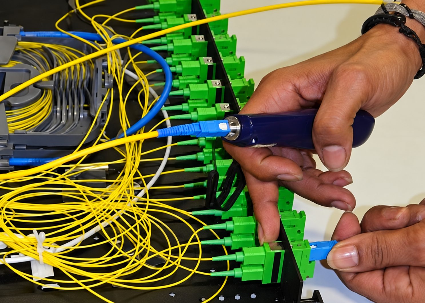 Deux mains branchent un connecteur de fibre optique bleu sur un panneau de brassage entouré de câbles jaunes et bleus.